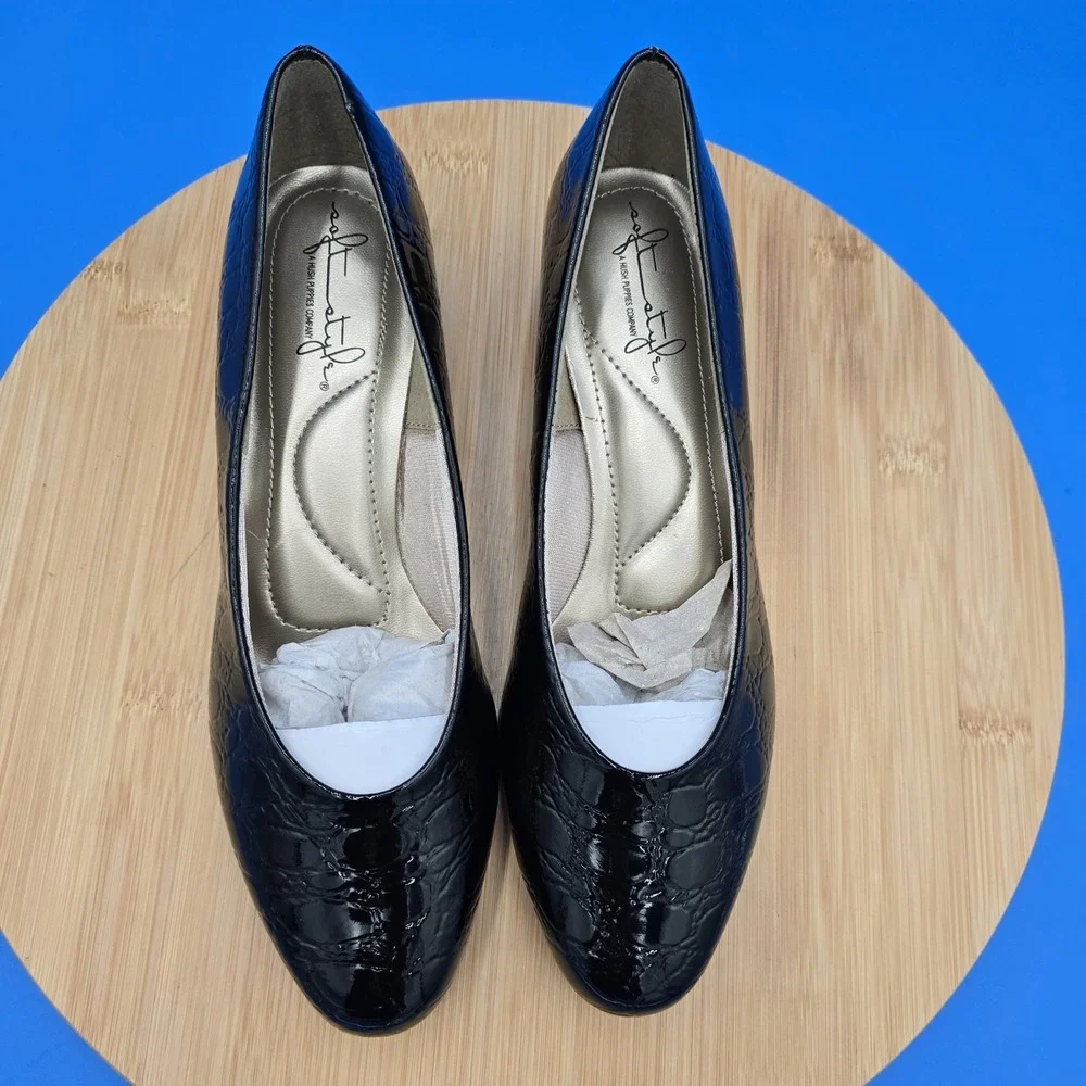 Soft Style Hushpuppies Black Patent Faux Croc‎ Low Heel Pumps Women's 6.5M NWOB